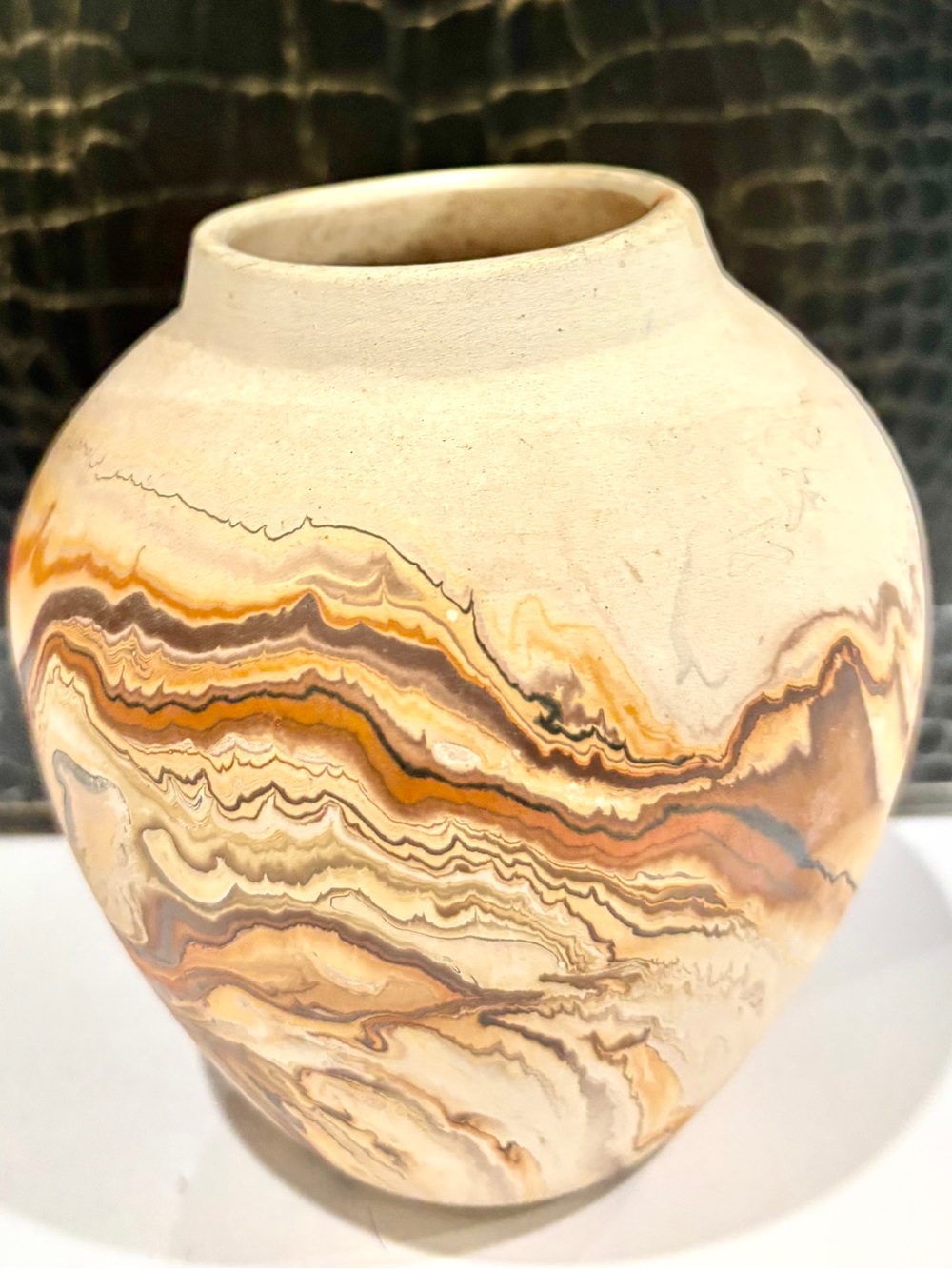 Nemadji Pottery Vase in Cream Bisque, Marbled with Orange and Brown Swirls, 6”